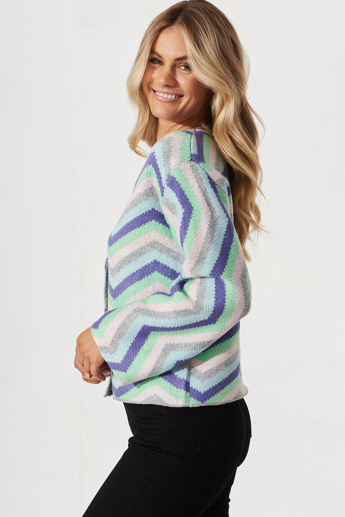 Syracuse Knit Cardigan In Pastel Multi Geometric Cotton Blend - side