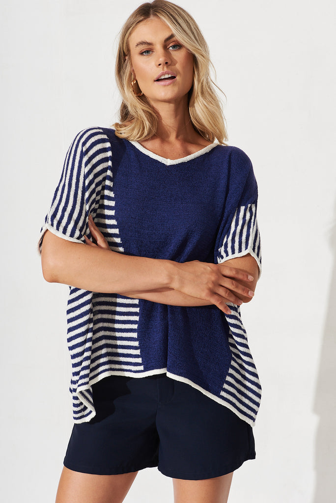 Matera Knit In Navy With White Stripe - front