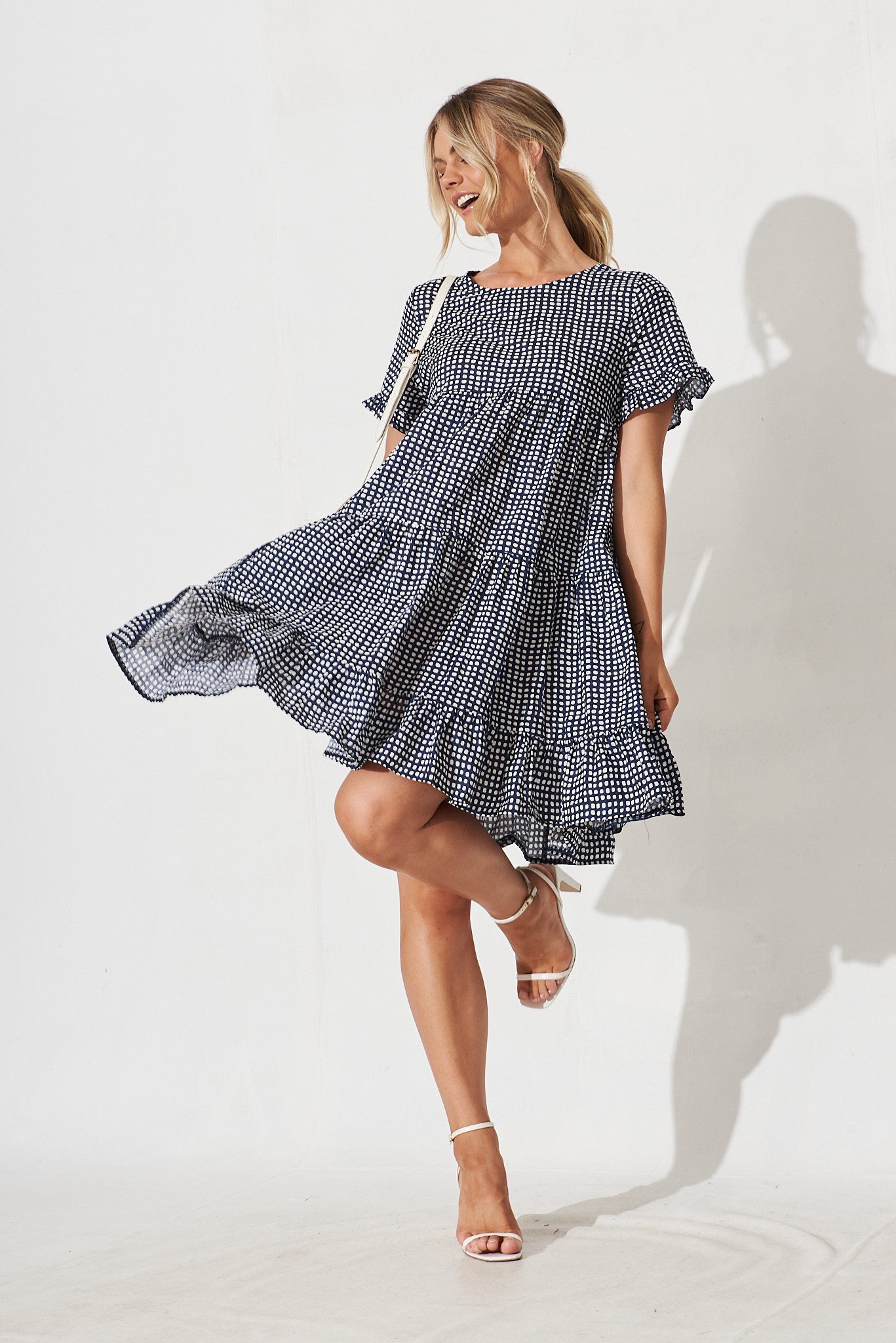 Emory Smock Dress In Navy With White Check Cotton - full length