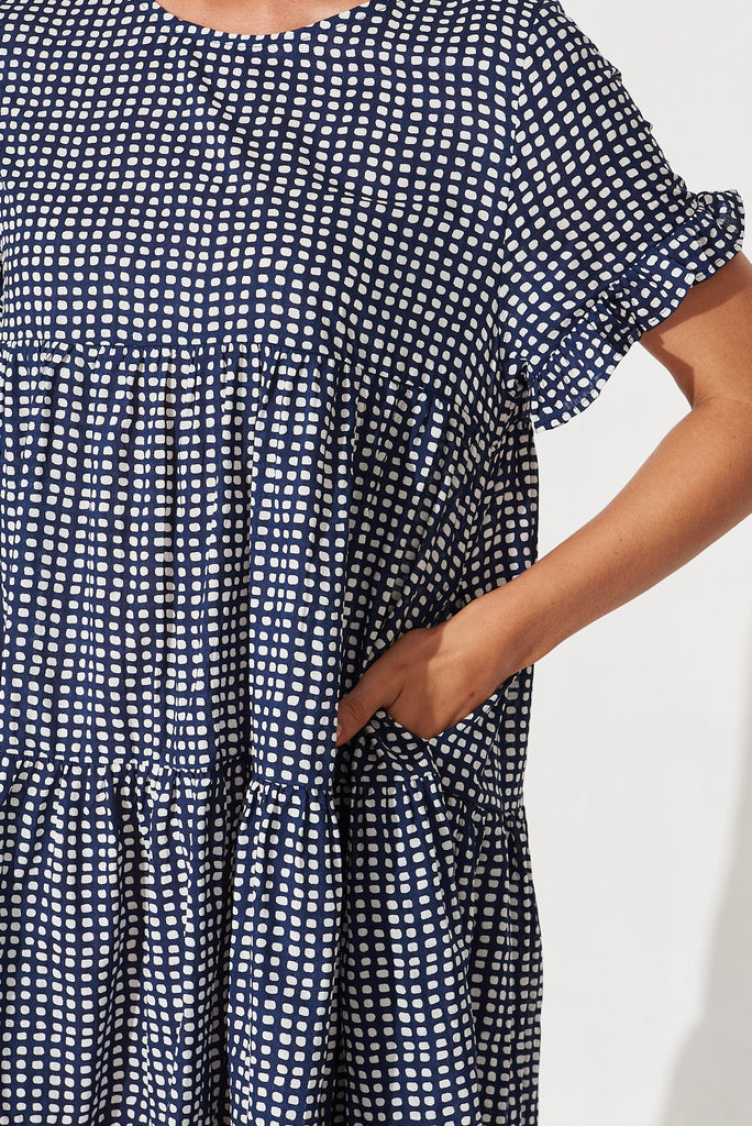 Emory Smock Dress In Navy With White Check Cotton - detail