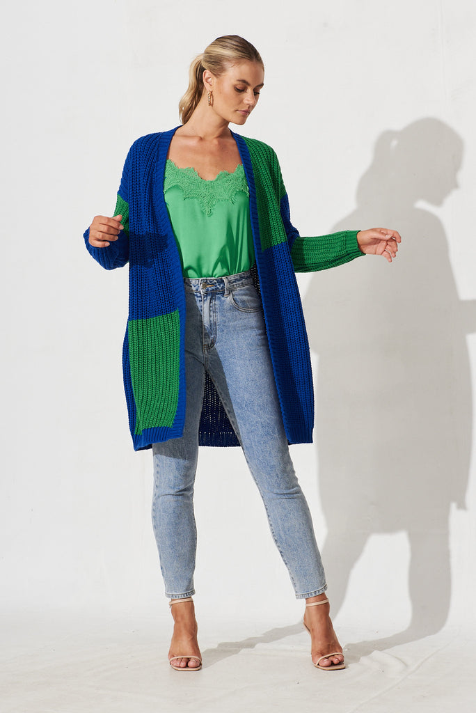 Spezia Knit Cardigan In Blue And Green Colourblock Cotton Blend - fabric