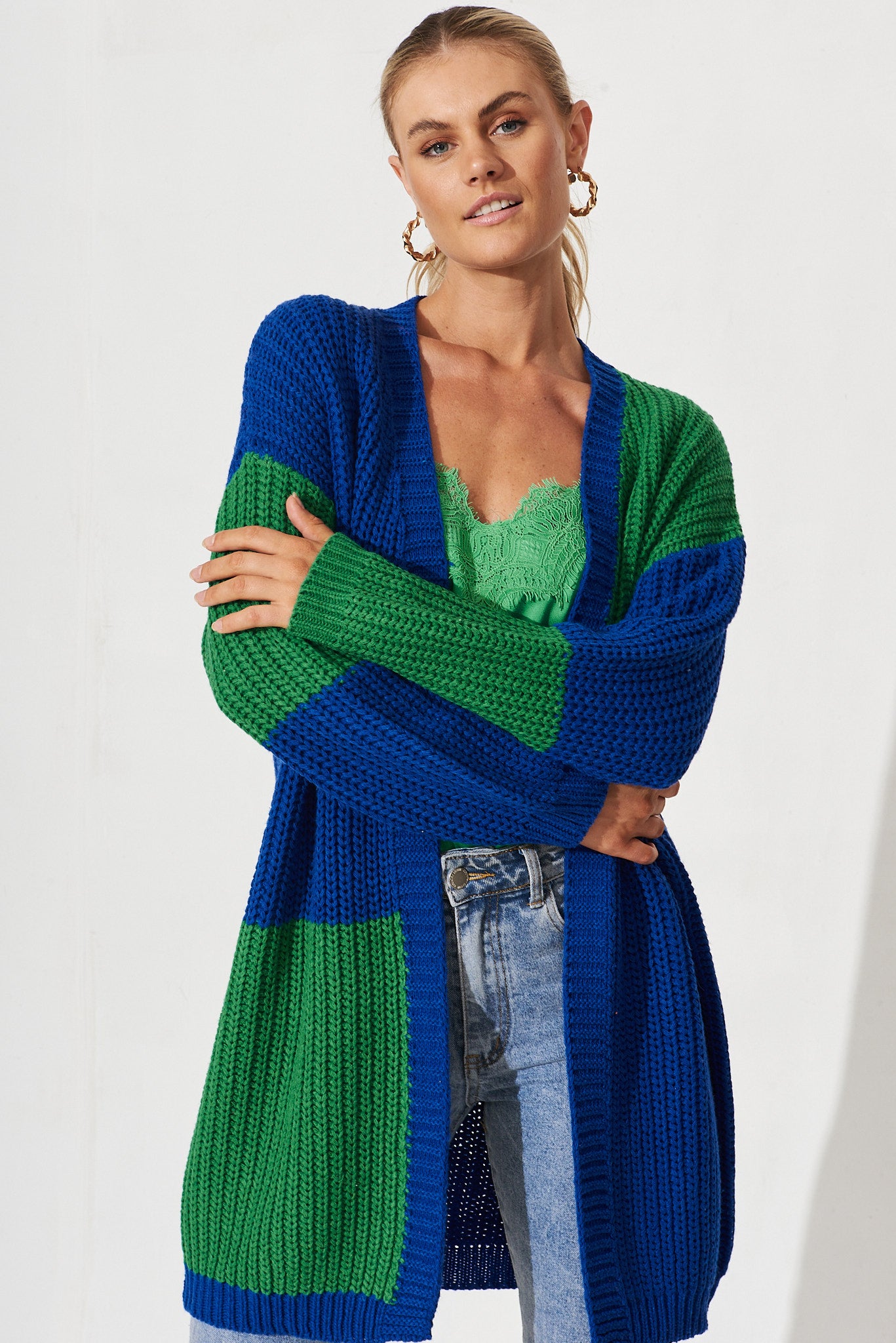 Spezia Knit Cardigan In Blue And Green Colourblock Cotton Blend - front