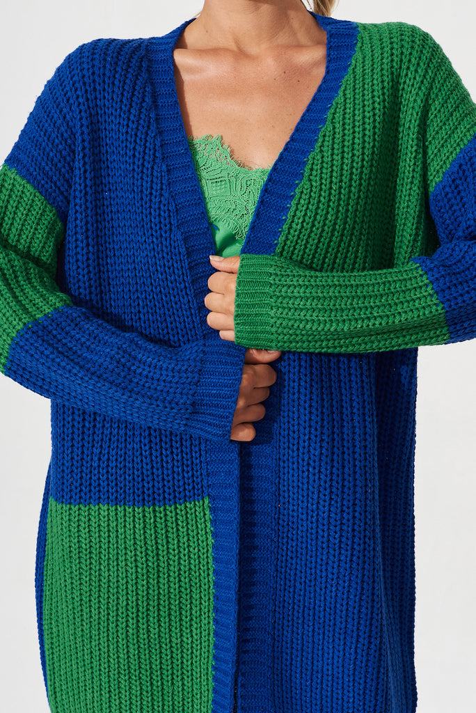 Spezia Knit Cardigan In Blue And Green Colourblock Cotton Blend - detail