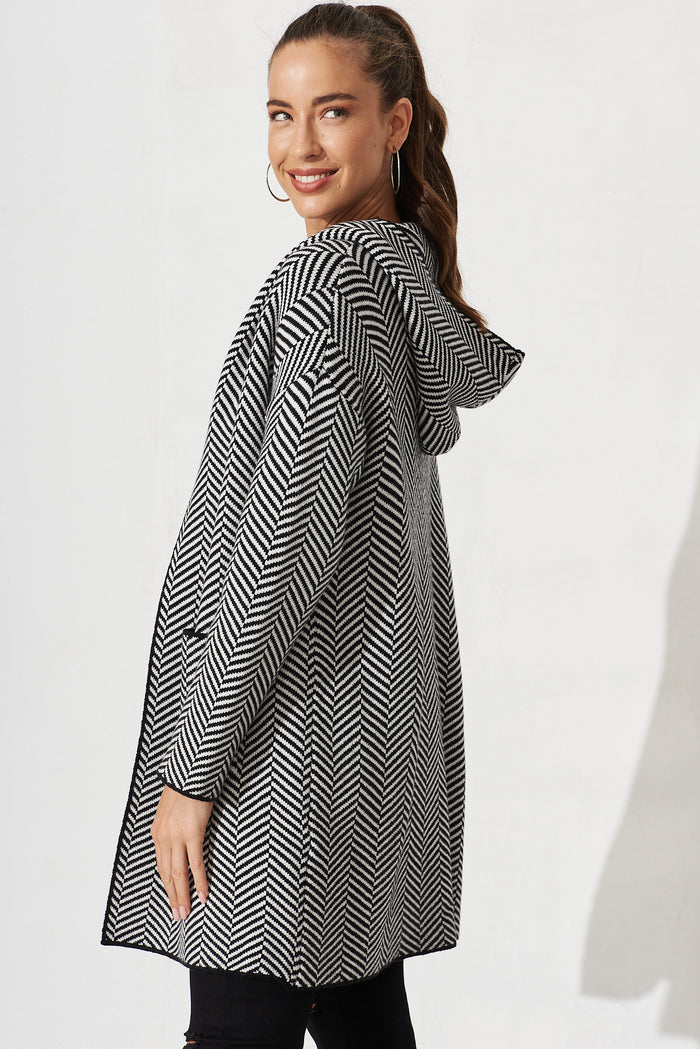 Jora Knit Hood Cardigan In Black With Herringbone Print Wool Blend - side
