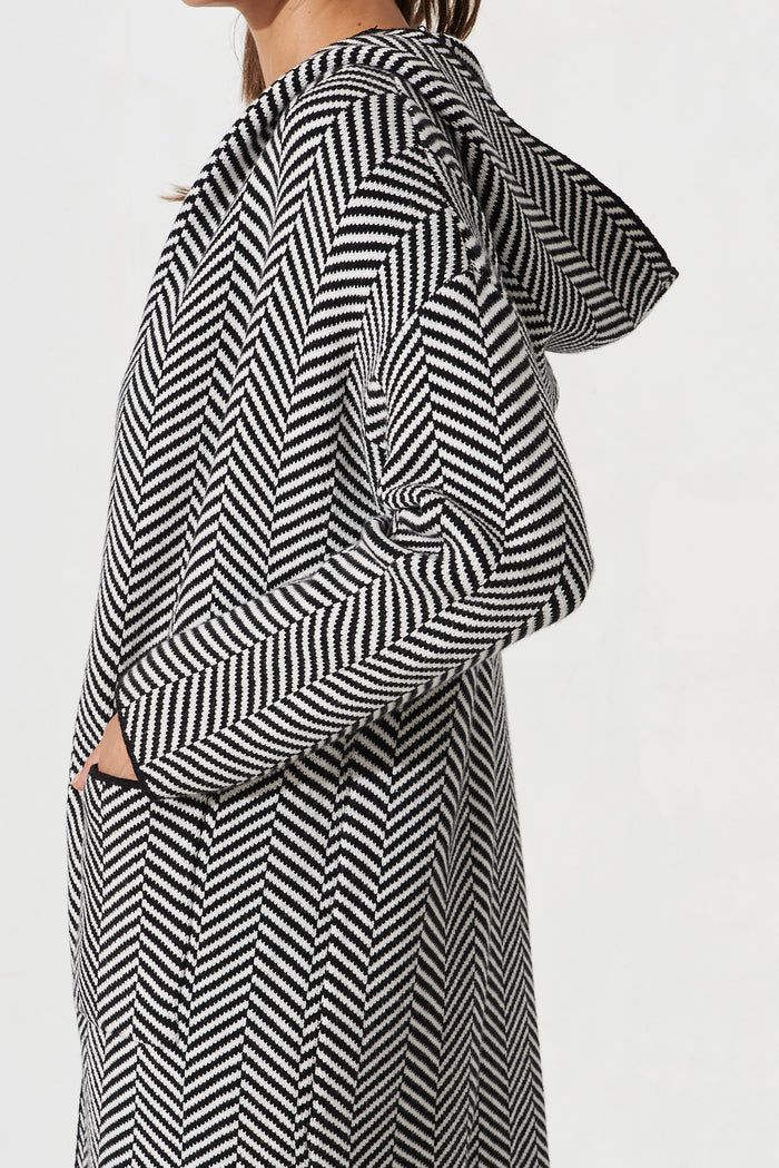 Jora Knit Hood Cardigan In Black With Herringbone Print Wool Blend - detail