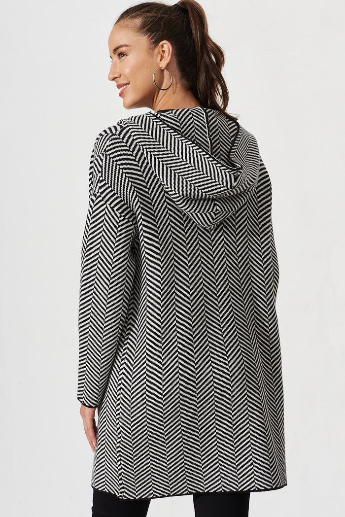Jora Knit Hood Cardigan In Black With Herringbone Print Wool Blend - back