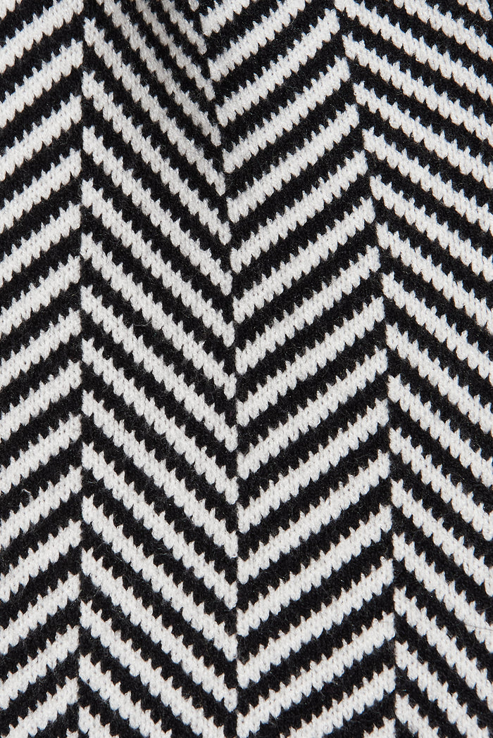 Jora Knit Hood Cardigan In Black With Herringbone Print Wool Blend - fabric