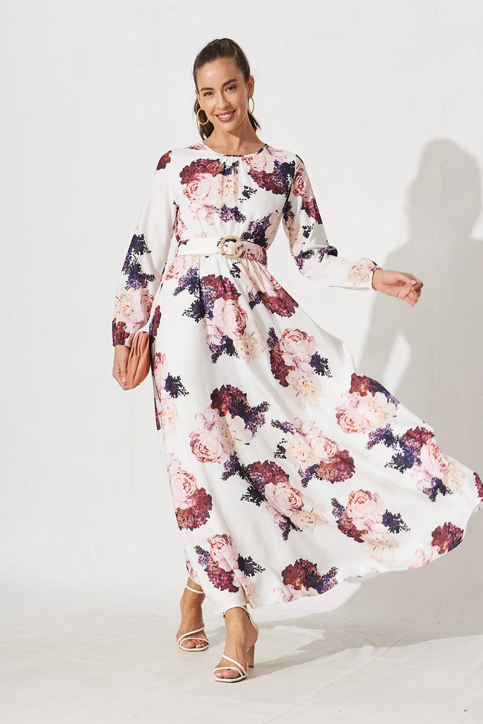 Rana Maxi Dress In White With Purple Floral - full length