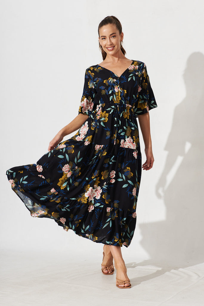 Gibby Maxi Dress In Black With Green Floral - full length