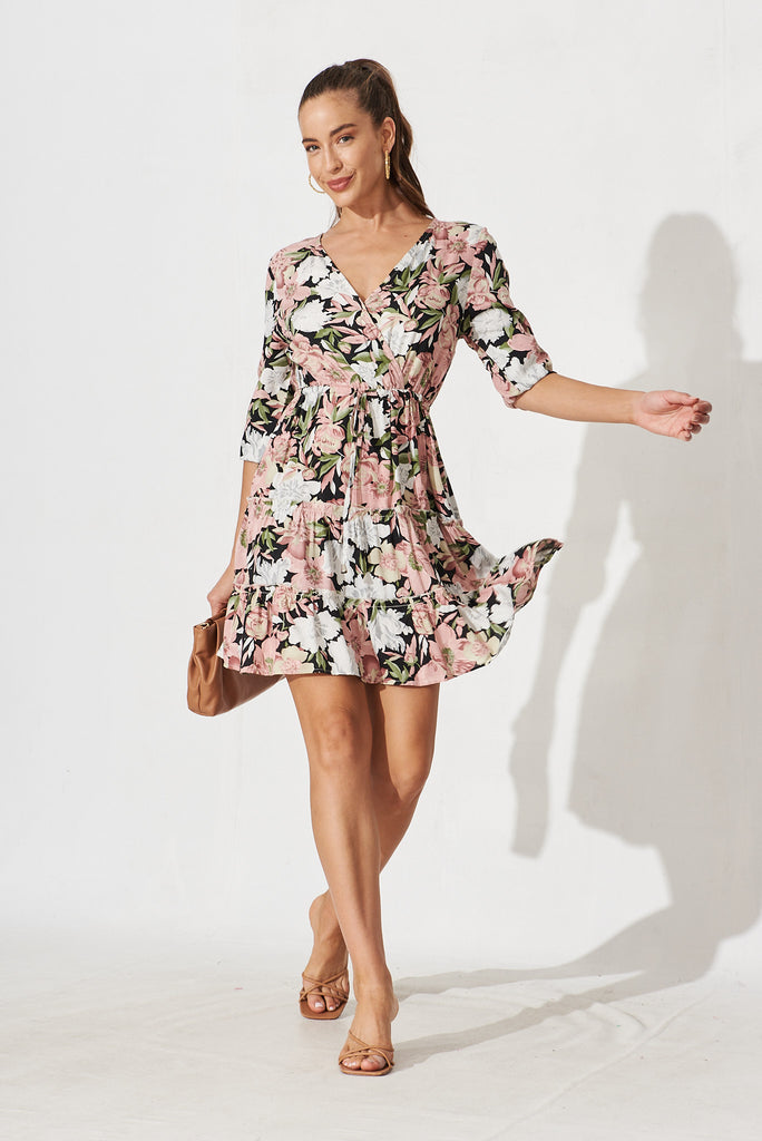 Chara Mock Wrap Dress In Black With Grey Floral - full length