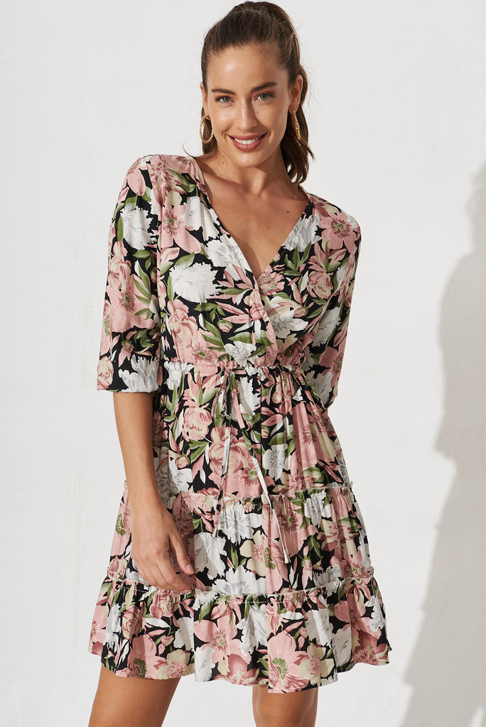 Chara Mock Wrap Dress In Black With Grey Floral - front