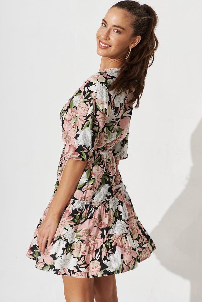Chara Mock Wrap Dress In Black With Grey Floral - side