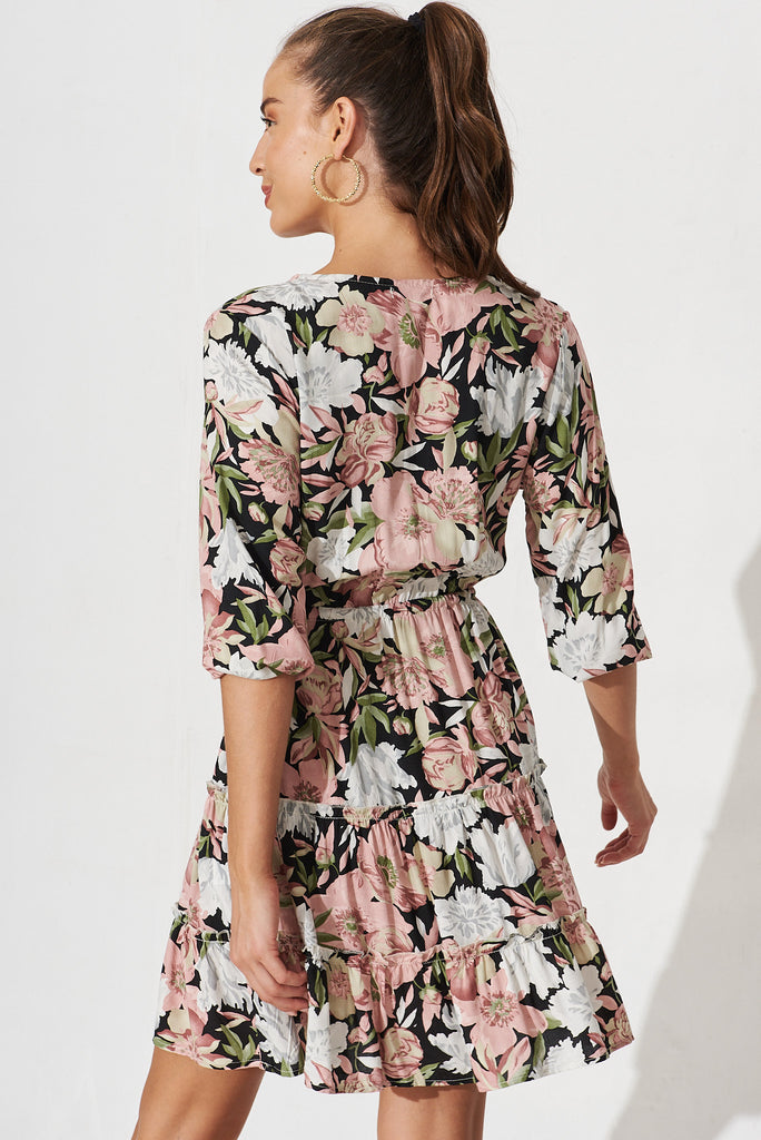 Chara Mock Wrap Dress In Black With Grey Floral - back