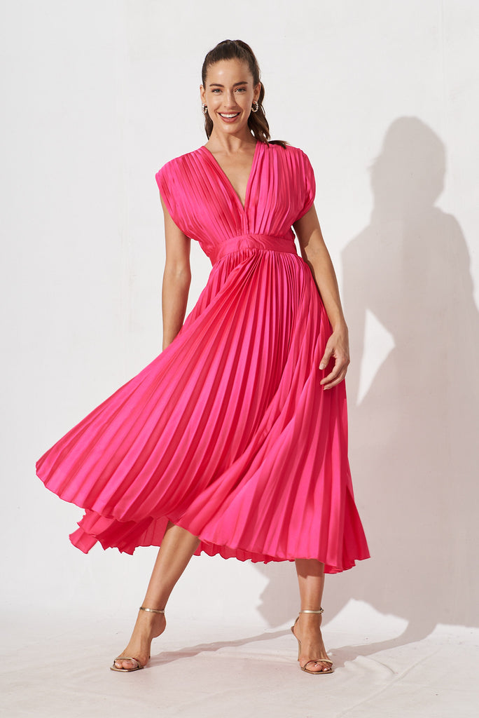 Anetta Midi Dress In Pleated Hot Pink Satin - full length