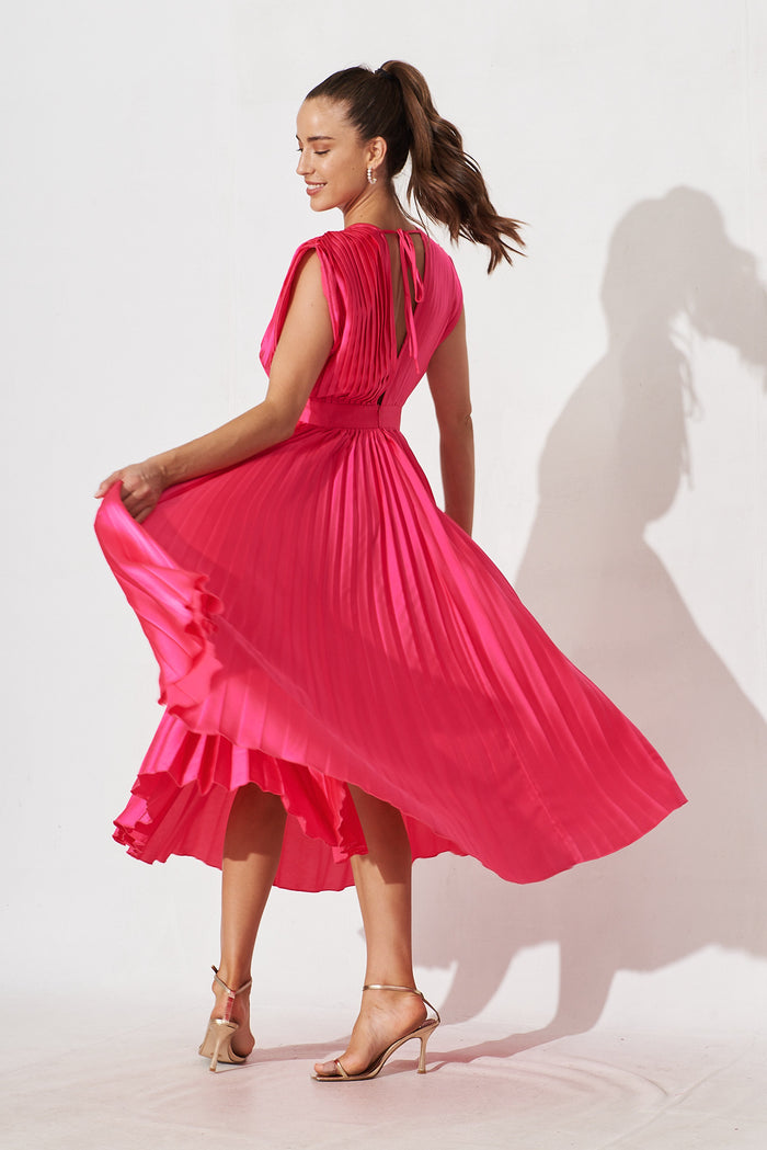 Anetta Midi Dress In Pleated Hot Pink Satin - back