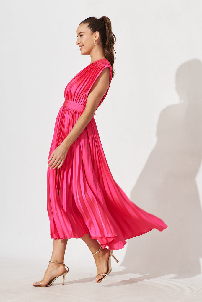 Anetta Midi Dress In Pleated Hot Pink Satin - side