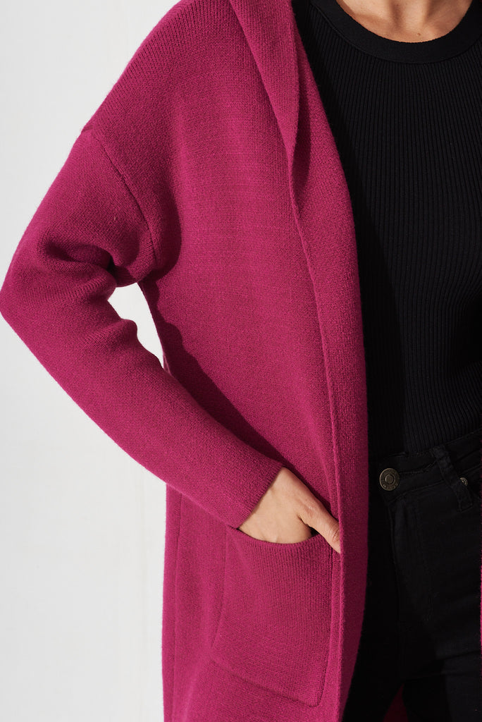 Rossel Hood Knit Cardigan In Magenta Wool Blend - detail