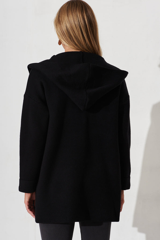 Leagrave Knit Hood Cardigan In Black Wool Blend - back