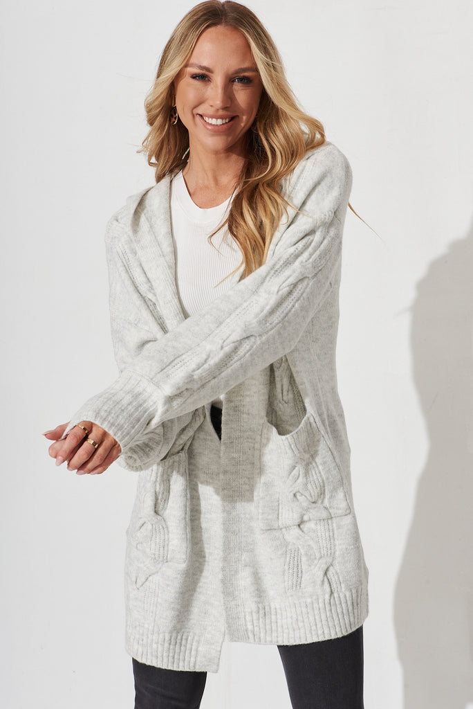 Rawa Hood Knit Cardigan In Light Grey Wool Blend - front