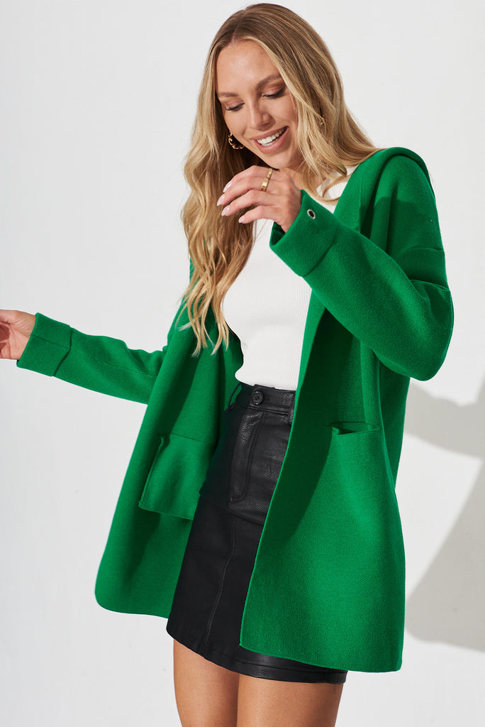 Leagrave Knit Hood Cardigan In Green Wool Blend - front
