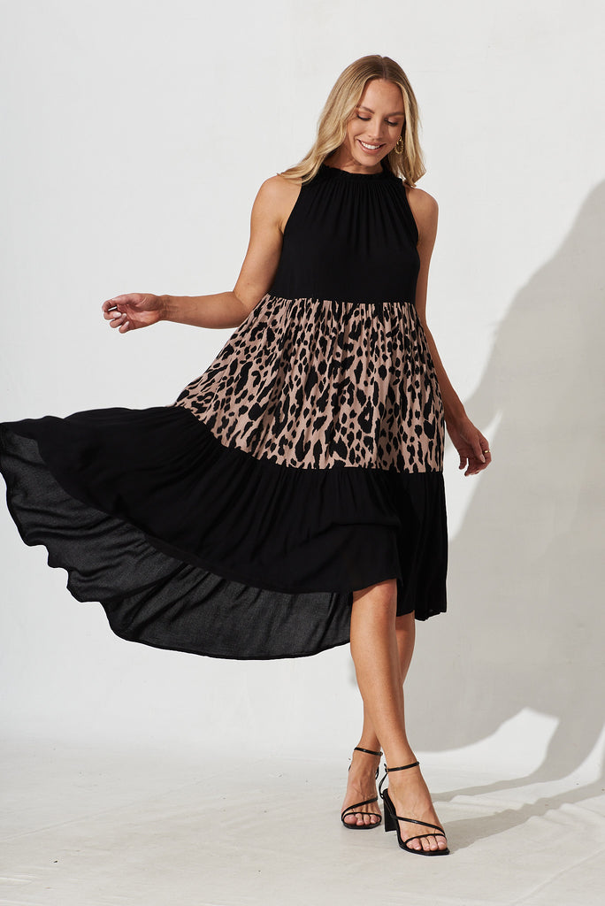 Abbotsford Midi Smock Dress In Black With Leopard Print - full length