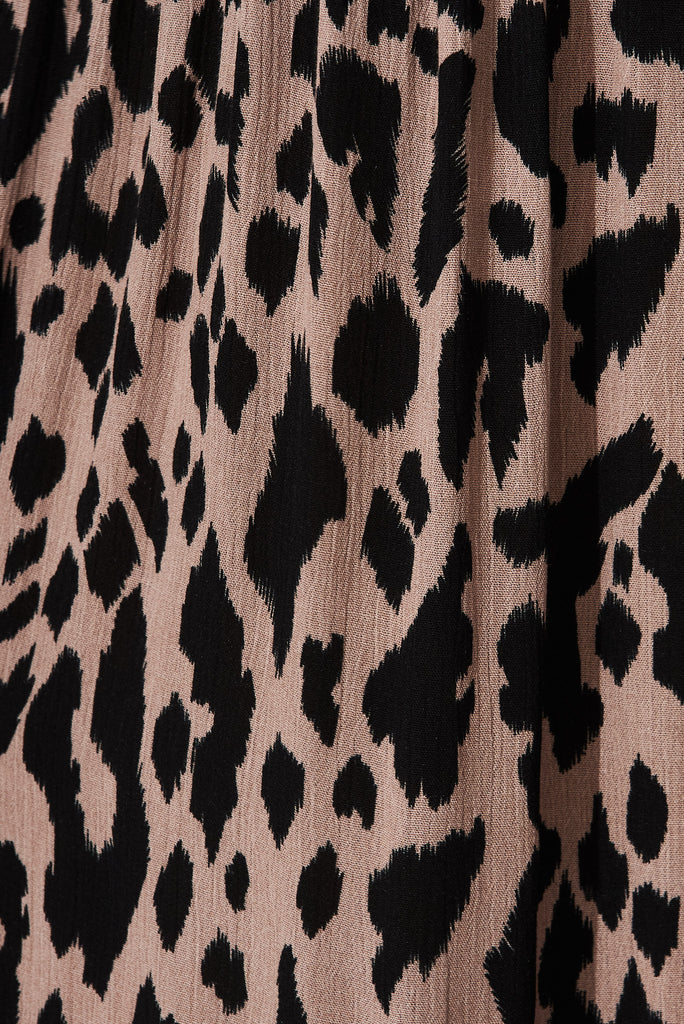 Abbotsford Midi Smock Dress In Black With Leopard Print - fabric
