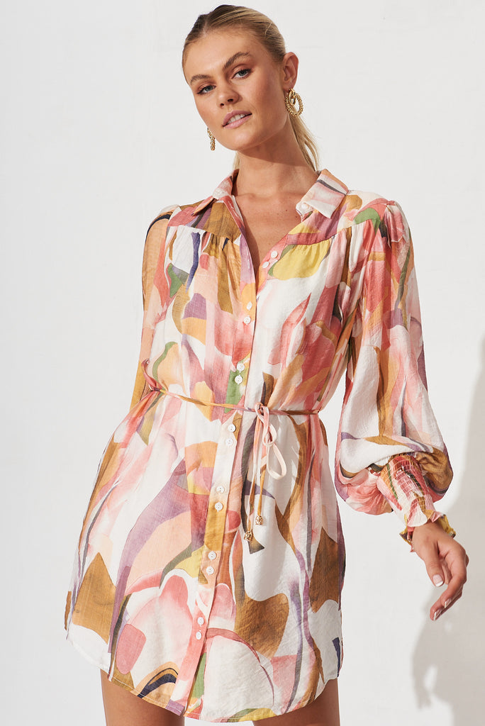 Vierzon Shirt Dress In White With Multi Apricot Floral - front