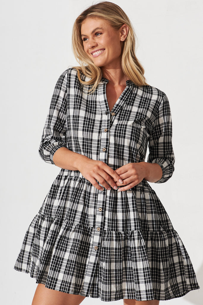 Iberis Shirt Dress In Black With White Gingham Cotton - front