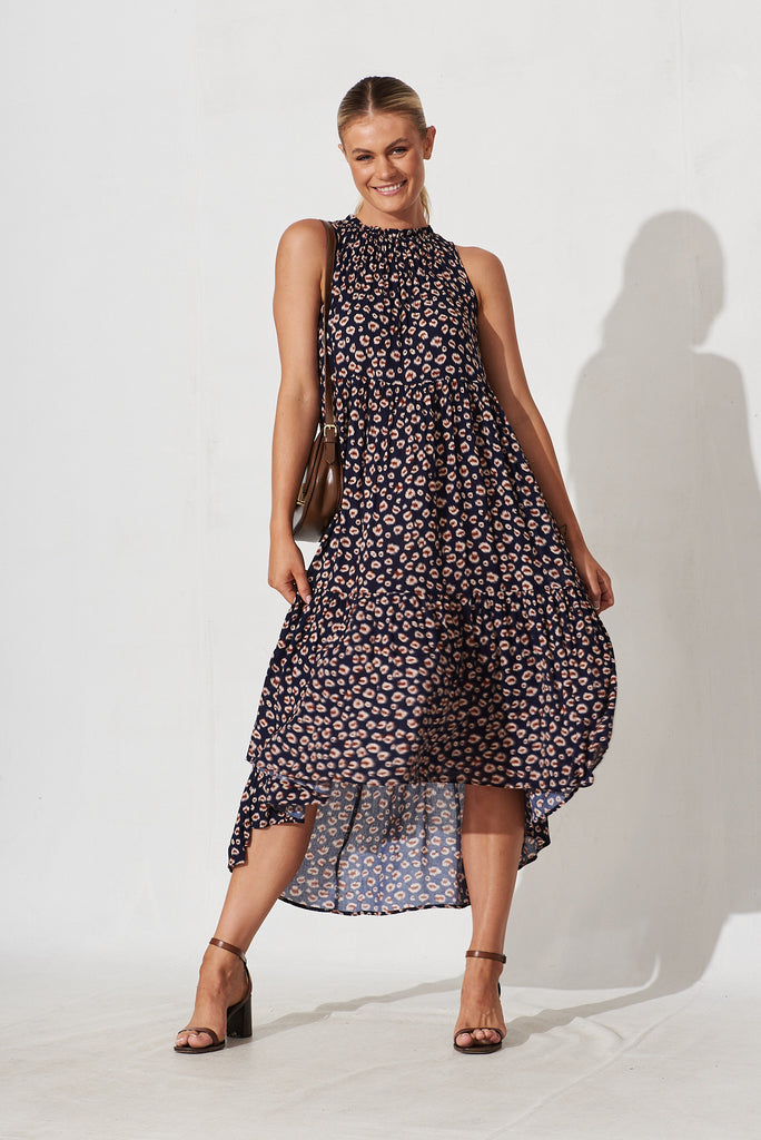 Abbotsford Midi Smock Dress In Navy With Leopard Print - full length