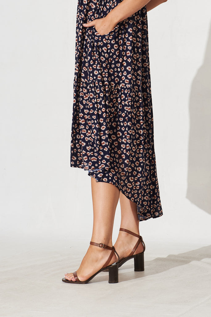 Abbotsford Midi Smock Dress In Navy With Leopard Print - detail