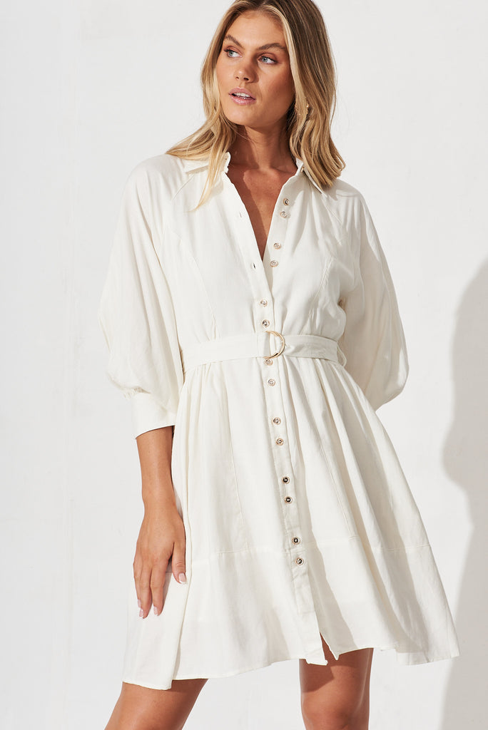 Dianella Shirt Dress In White Cotton Blend - front