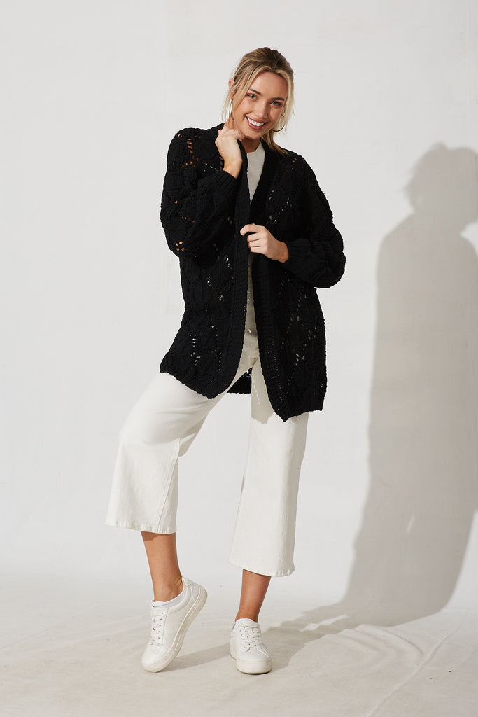 Suzano Knit Cardigan In Black Wool Blend - full length