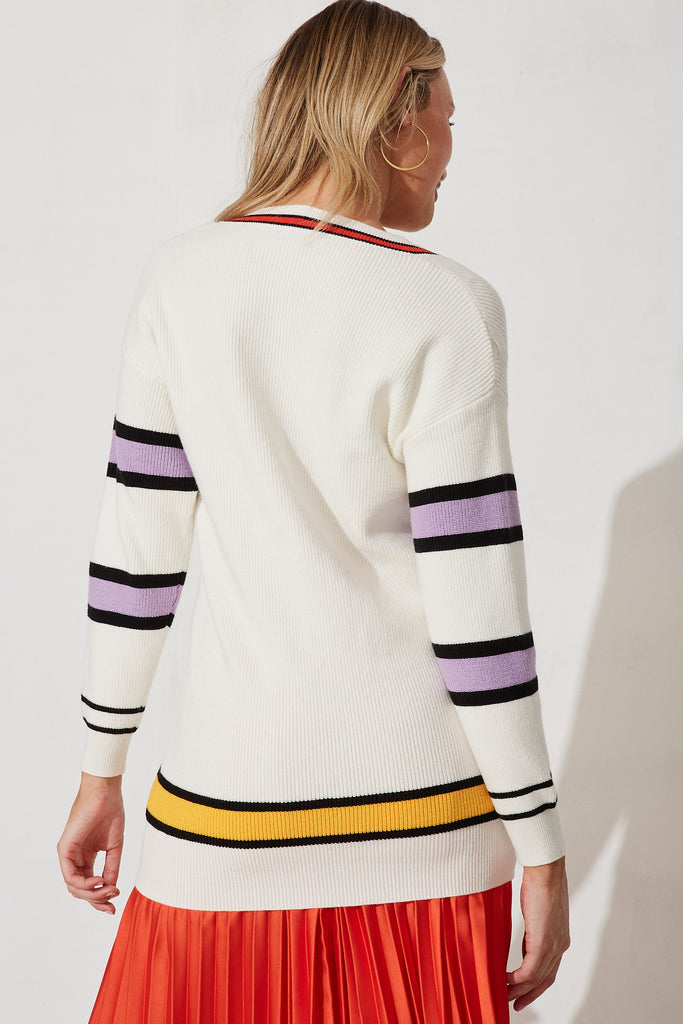 Alcorcon Knit In White With Purple Stripe Wool Blend - back