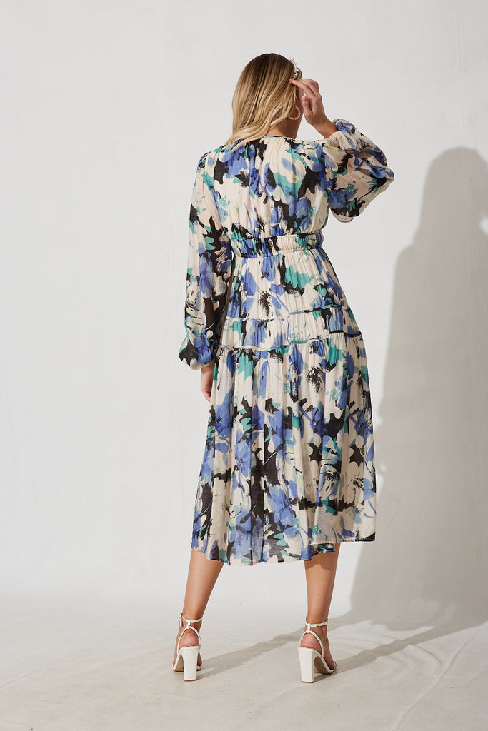Beeblossom Midi Dress In Blue With Multi Floral - back