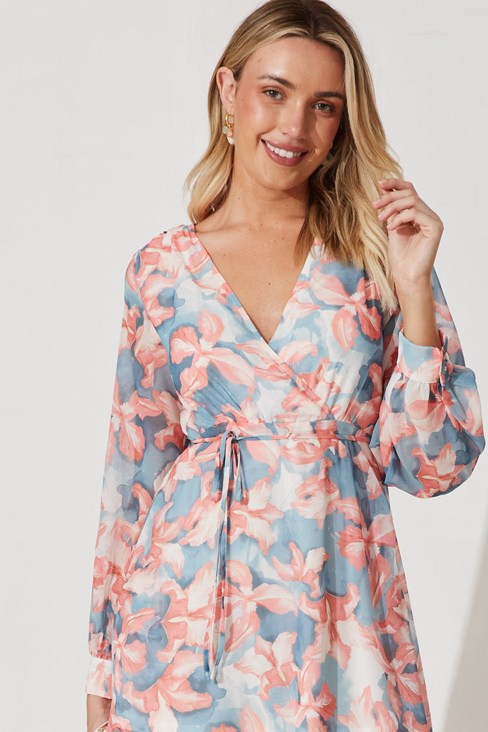 Forget-Me-Not Midi Dress In Blue With Pink Floral - front