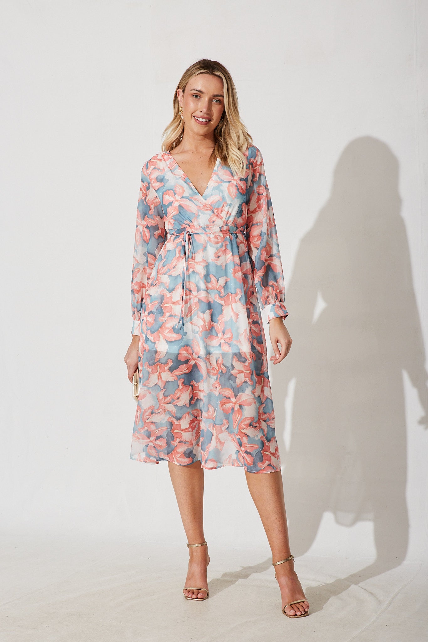 Forget-Me-Not Midi Dress In Blue With Pink Floral - full length