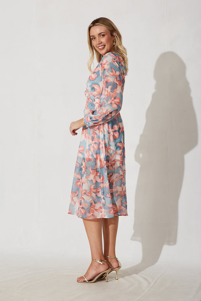 Forget-Me-Not Midi Dress In Blue With Pink Floral - side