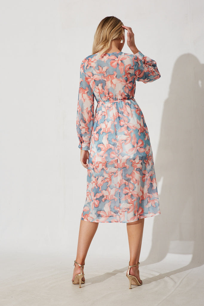 Forget-Me-Not Midi Dress In Blue With Pink Floral - back