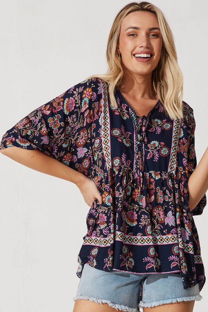 Freesia Smock Top In Navy With Boho Floral - front