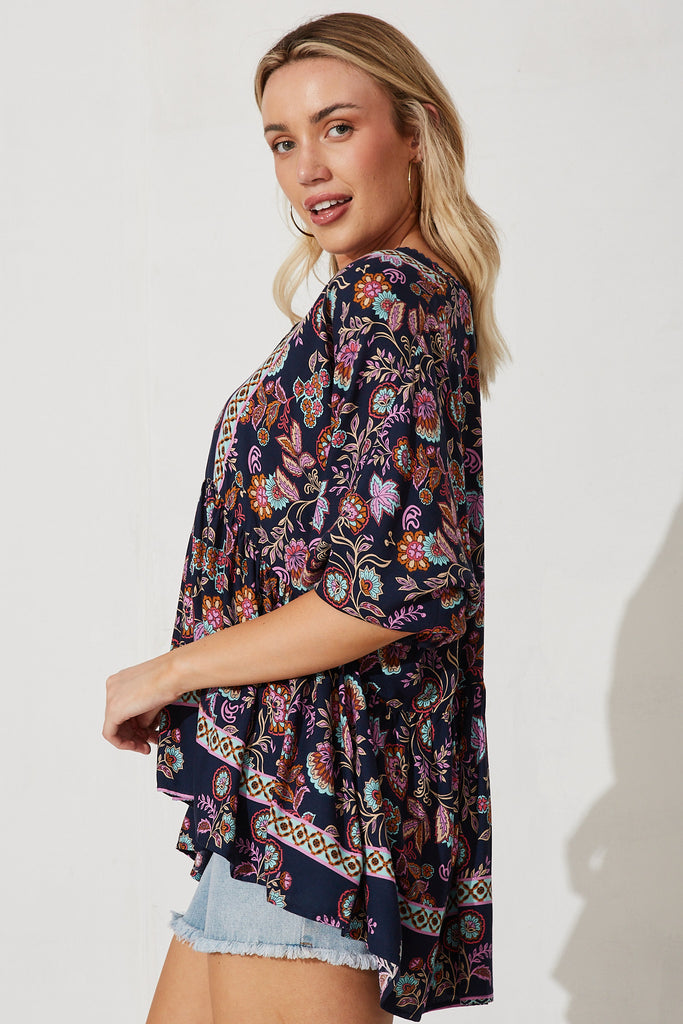 Freesia Smock Top In Navy With Boho Floral - side