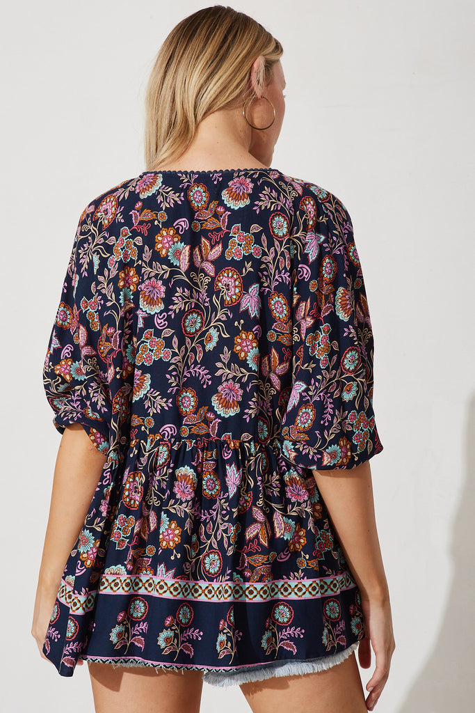 Freesia Smock Top In Navy With Boho Floral - back