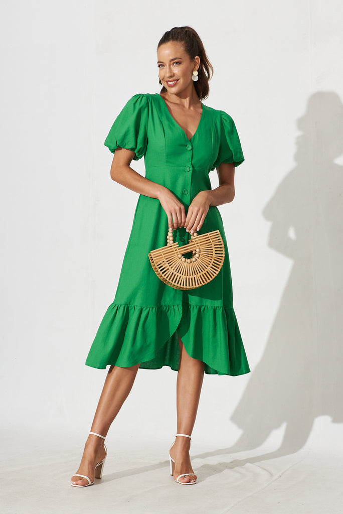 Hawthorn Midi Shirt Dress In Green Linen Cotton Blend - full length