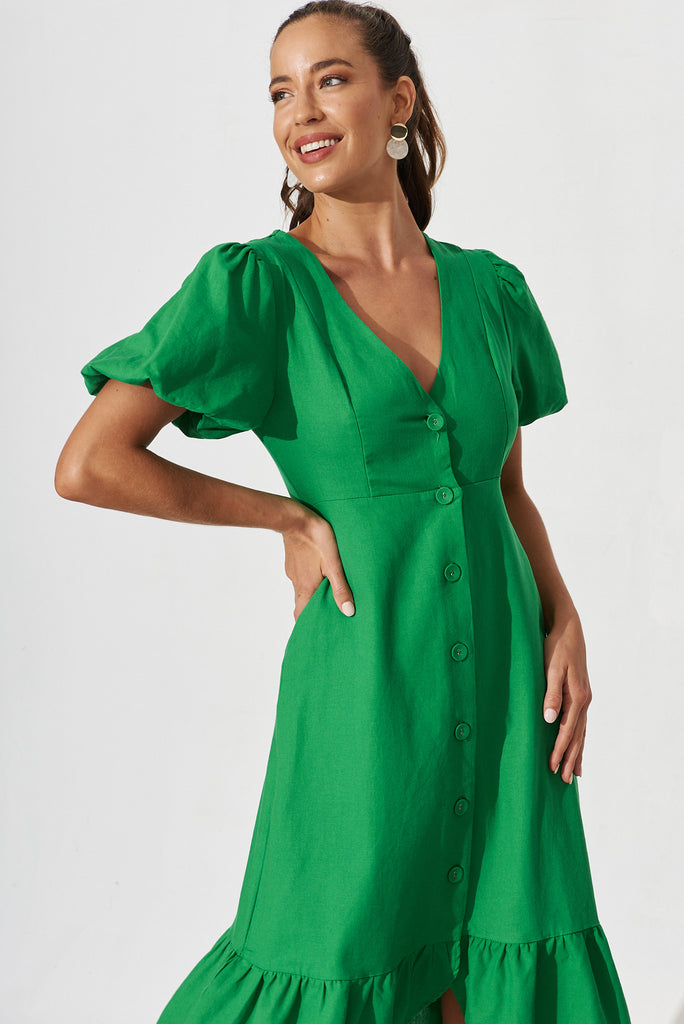 Hawthorn Midi Shirt Dress In Green Linen Cotton Blend - front