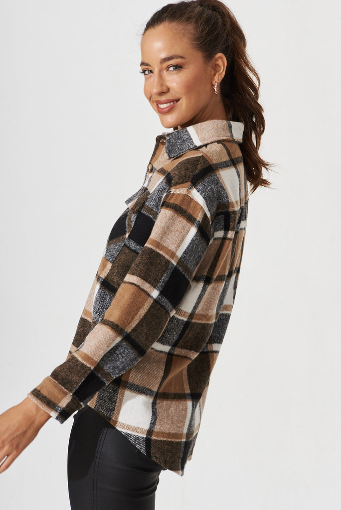 Mallard Shacket In Brown With Black And White Check - side