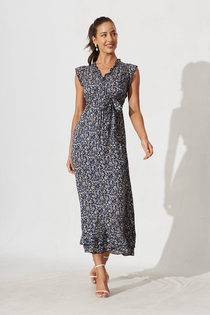 Wolverhampton Maxi Dress In Navy With Multi Floral Print - full length