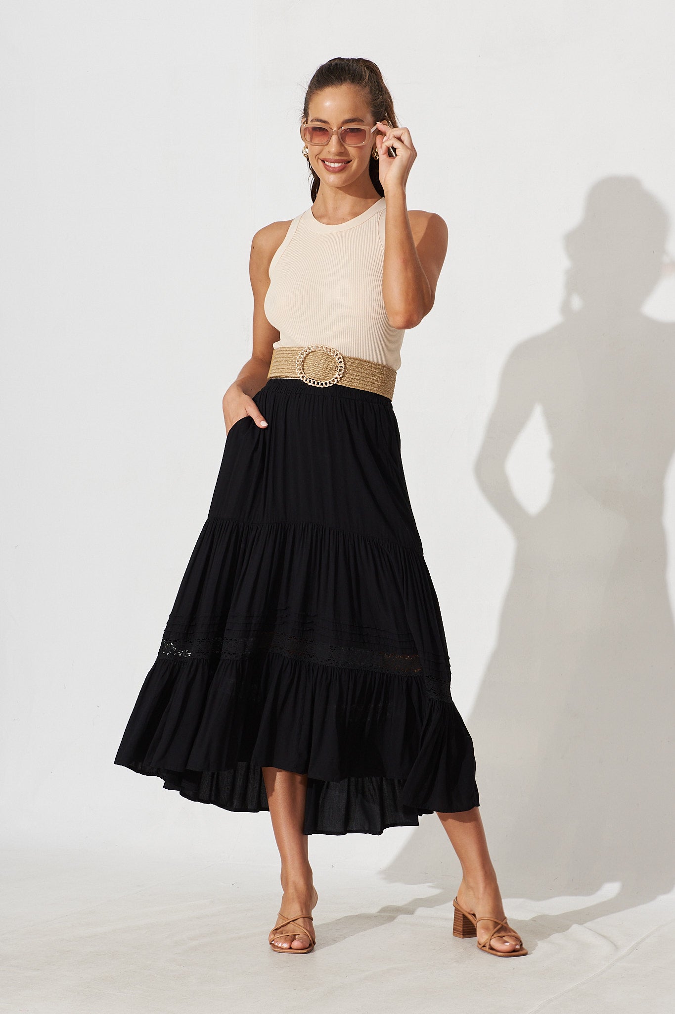 Poinsettia Maxi Skirt In Black - full length
