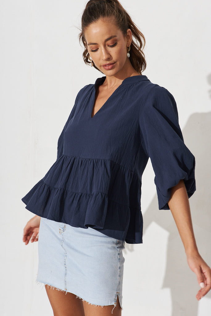 Talena Smock Top In Navy Cotton - front