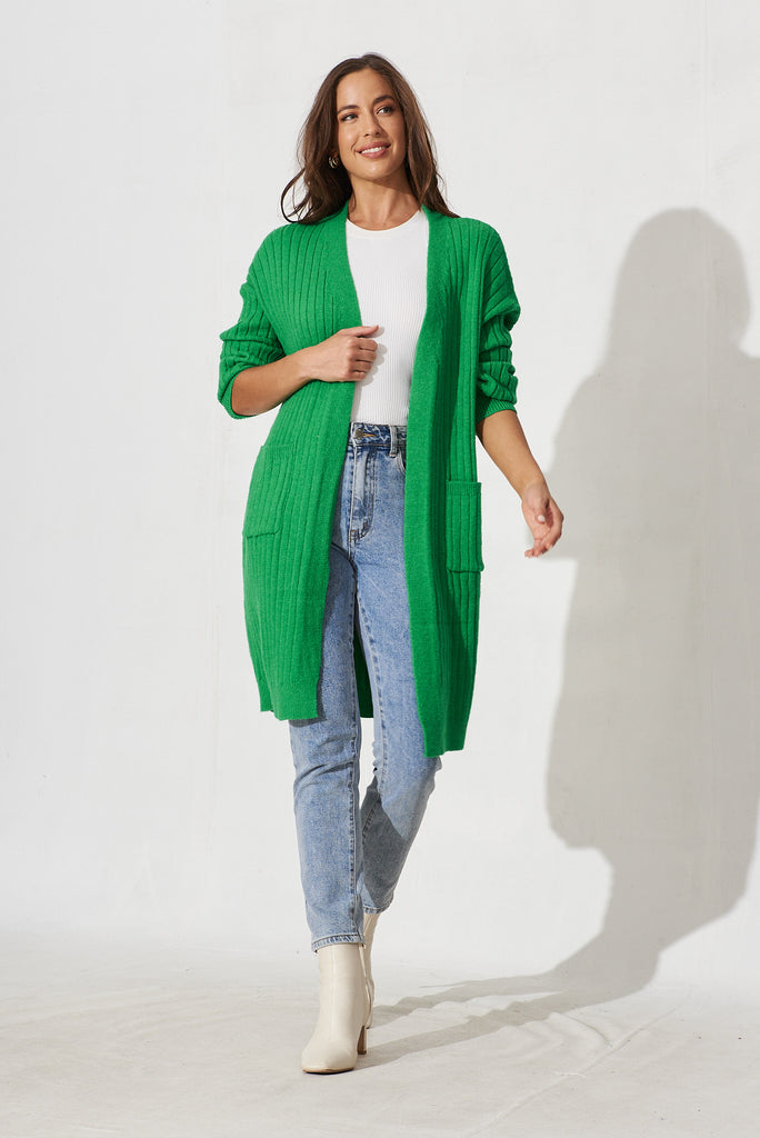 Kingsdene Knit Cardigan In Green Wool Blend - full length