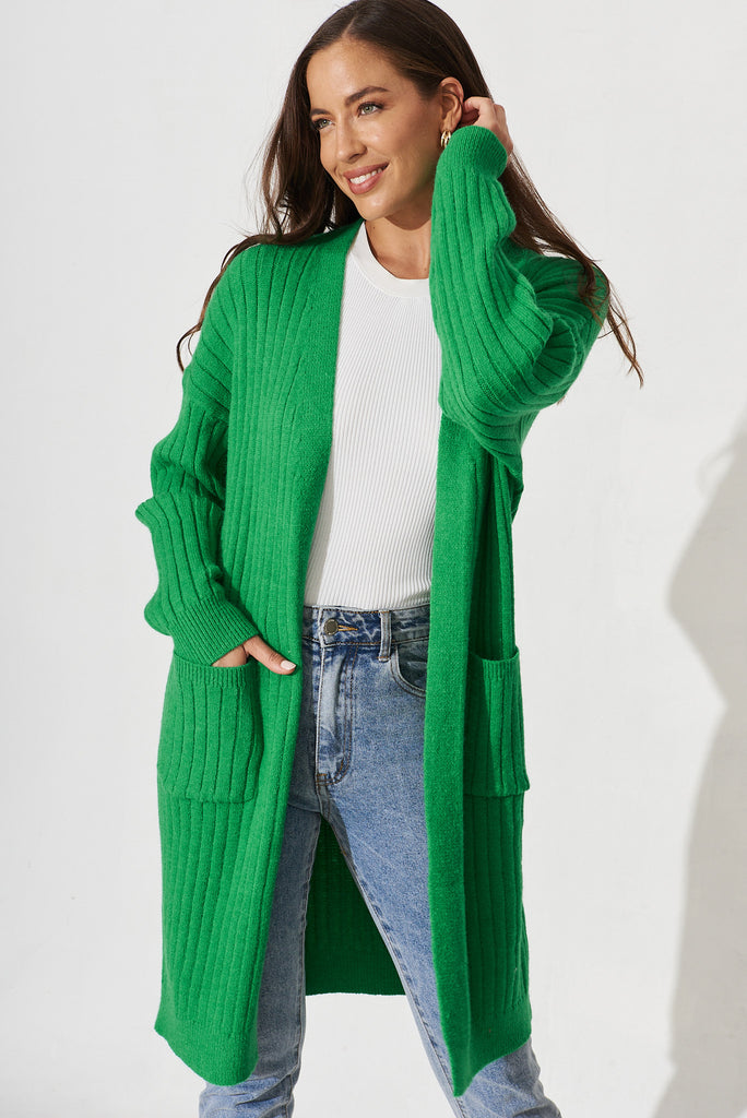 Kingsdene Knit Cardigan In Green Wool Blend - front