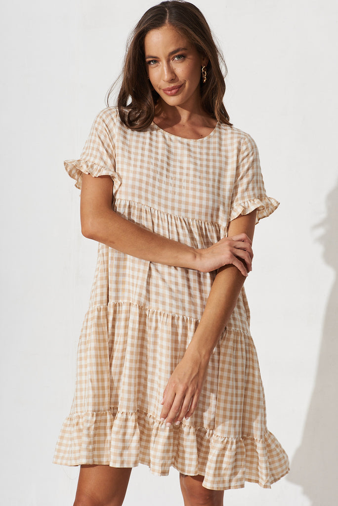 Alicante Smock Dress In Beige Gingham Check - front